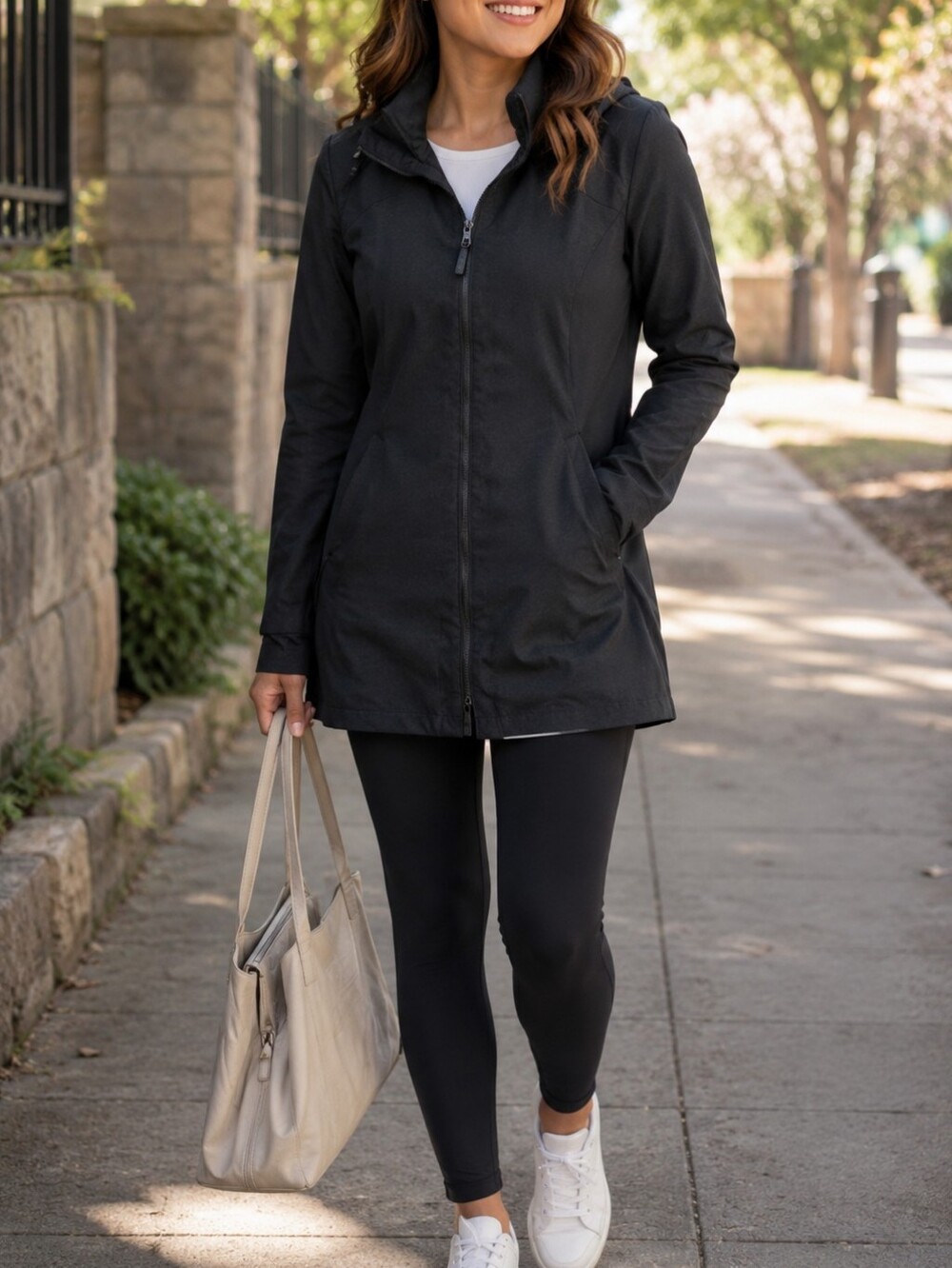 Lululemon Athletica Black Hooded Trench Coat Longline Zip Jacket
